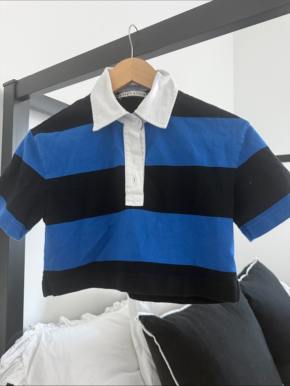 Alice + Olivia Blue, Black & White Striped Cropped Polo Top